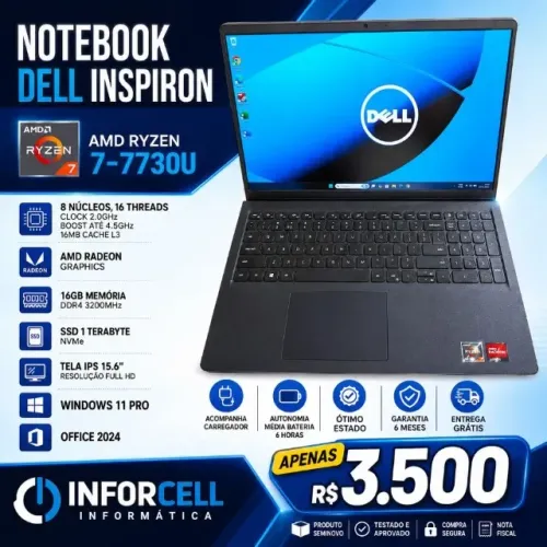 Notebook Dell Inspiron Ryzen 7-7730u 16gb Ram Ssd 1Tb Tela 15.6