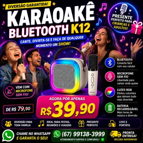 Karaokê Bluetooth Sem Fio K12 + Caixa de Som LED + 1 Microfone Pronta Entre