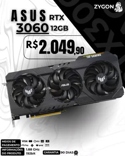 [S/ NOVO] Placa de Vídeo RTX 3060 12GB OC ASUS Triple Fan - Garantia 90 Dias
