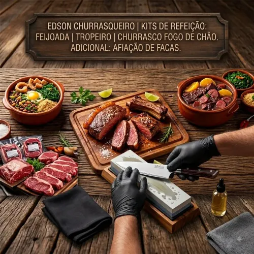 Proteína porcionada, boi, porco, frango. Churrasqueiro, afiação de facas
