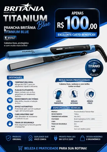 PRANCHA BRITÂNIA TITANIUM BLUE BIVOLT