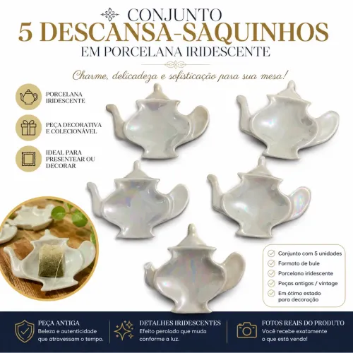 Conjunto com 5 descansa-sachês de chá em porcelana iridescente vintage