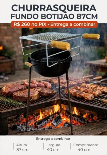 Churrasqueira Fundo de Botijão 87cm Alta Com Grelha + Suporte + Pezinhos - Nova