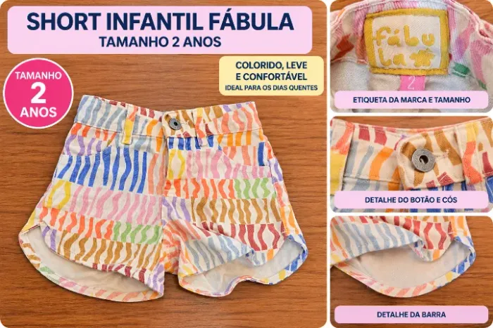 Short Infantil Feminino Fábula Colorido Estampado - Tamanho 2 Anos