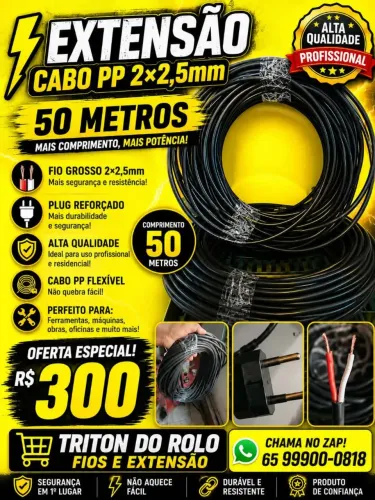 Extensão Cabo PP 2 x 2.5 mm Flexível 50 Metros