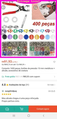 Alicate de botão, linhas e calcadores