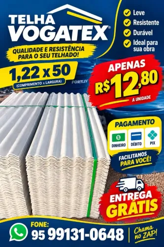 SUPER PROMOÇÃO! TELHA VOGATEX 1,22X50 ETERNIT POR APENAS R$12,80