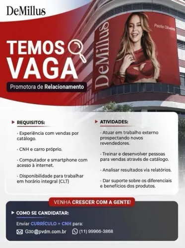 Vaga para Promotora de Relacionamento DeMillus