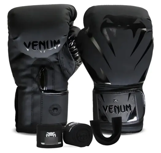 Luva de boxe venum all black com bandagem