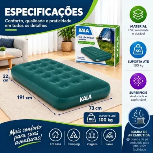 Colchão Inflável Solteiro Verde C/ Bomba de Encher Embutida.