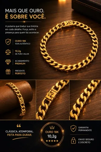 Pulseira Ouro 18K Grumet Masculina - 10,2g - Acabamento Premium