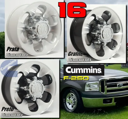 Roda aro 16 Ford F250 Cummins preta com diamantado prata 8 furos jogo