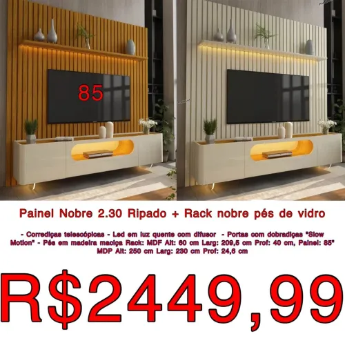 Painel Nobre 2.30 Ripado + Rack Nobre Pés de Vidro 