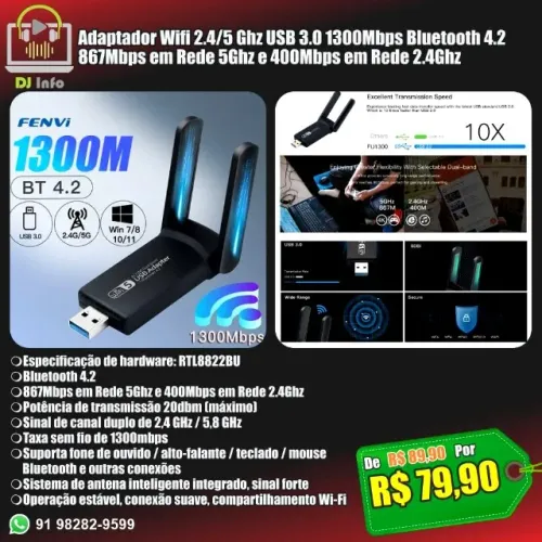Adaptador Wifi 2.4 5 Ghz USB 3.0 1300Mbps Bluetooth 4.2