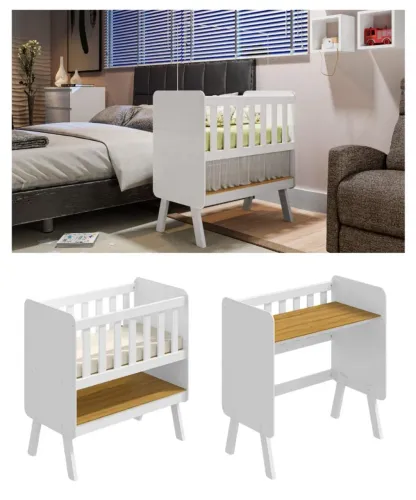 Berço Mini Cama e Escrivaninha 3 em 1 Branco com Madeira