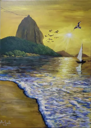 Quadro pintado à mão - Reflexos dourados da Guanabara