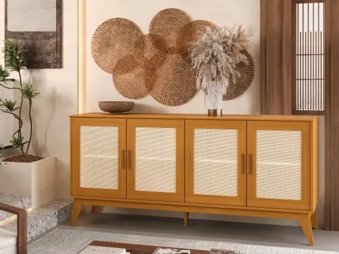 Buffet Balcão Retrô 4 Portas Com Acabamento em tela Ratan! Frete + Montagem Grátis.