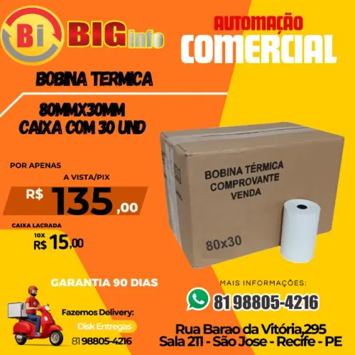Bobina Termica 80x30 - Impressora Térmica C/30un Cor Branca - Centro do Recife