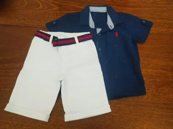 Conjunto Para Bebê De Camisa Azul-escura Com Bermuda Da Pupi
