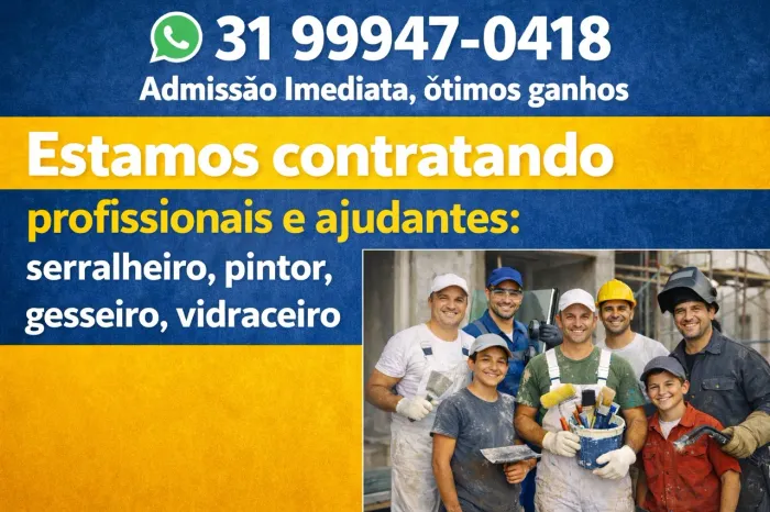 Empresa Admite Gesseiro Serralheiro Vidraceiro e Ajudantes