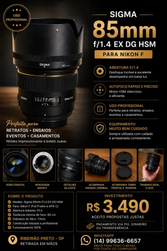 Sigma 85mm f/1.4 EX DG HSM para Nikon F | Linha Profissional