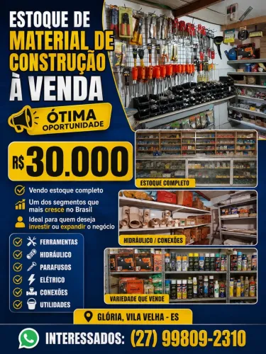 ESTOQUE COMPLETO DE MATERIAL DE CONSTRUÇÃO À VENDA - VILA VELHA/ES