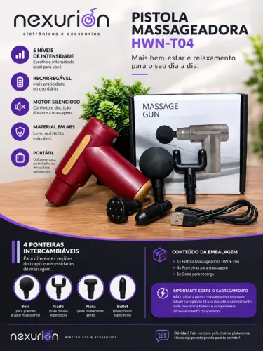 Pistola Massageadora HWN-T04 Massage Gun Portátil Recarregável com 4 Ponteiras para Massag