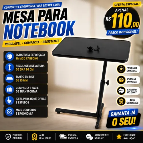Mesa para Notebook Multivisão NT-HOME Preta - Regulável e Compacta