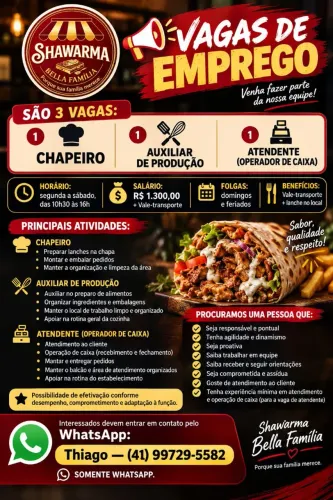 3 vagas de emprego. Atendente caixa, chapeiro, auxiliar de produção