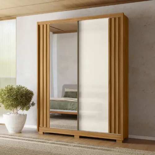 Guarda Roupa Casal 2 Portas com Espelho Ripado 3 Gavetas DIVIDIMOS EM ATÉ 10X SEM JUROS
