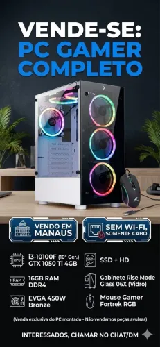 Vendo PC Gamer Completo - i3 10ª Ger. + GTX 1050 Ti + 16GB RAM