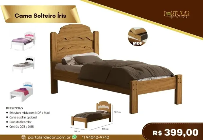 Cama solteiro Íris, a pronta entrega