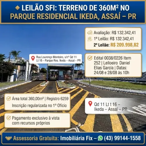 Oferta da Caixa ? Terreno no Parque Resid. Ikeda, Assai - PR, Nº 00, 360m² | Leilão