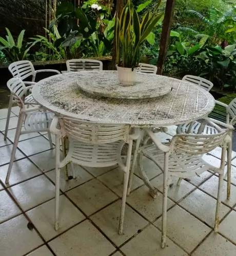Conjunto em ferro fundido para jardim mesa giratória e 8 cadeiras