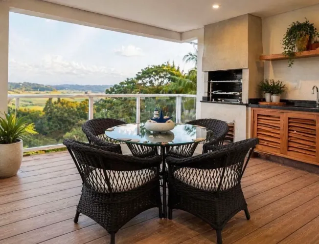 Mesa jantar area externa alumínio poltronas corda e trico