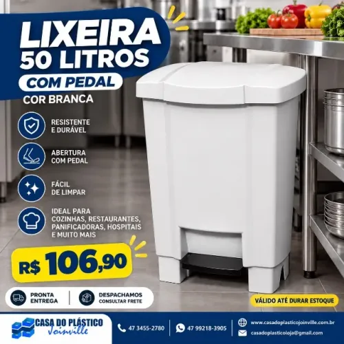 Lixeira com pedal 50lts cor branca R$106.90