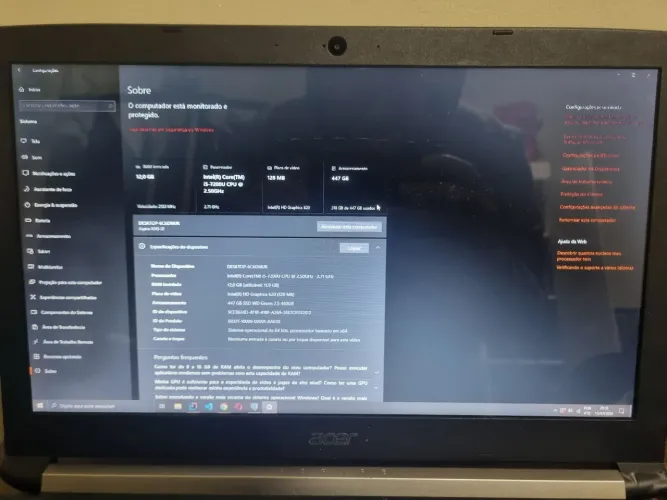 Notebook Acer I5-7200U 12GB DDR3 512GB