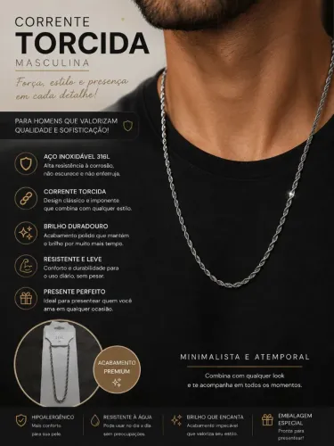 Corrente Torcida Masculina Aço Inoxidável 316L - Resistente à Água Hipoalergênica