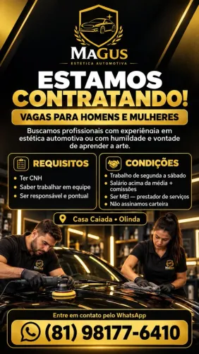 Vaga Aberta - Profissional de Estética Automotiva - Olinda