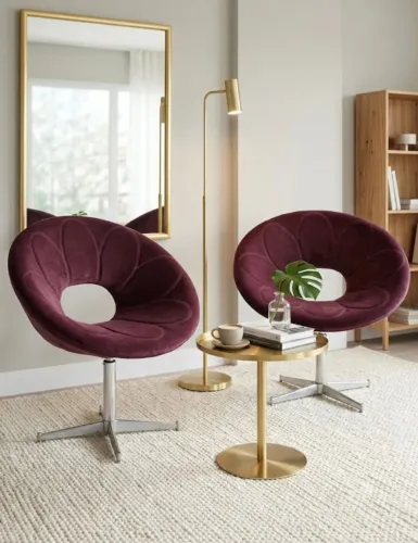 Par de Poltronas Design Orgânico - Suede Ameixa/Vinho - (Base Fixa)
