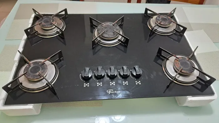 Cooktop a Gás Fischer 5 Bocas Tripla Chama Mesa Vidro Bivolt