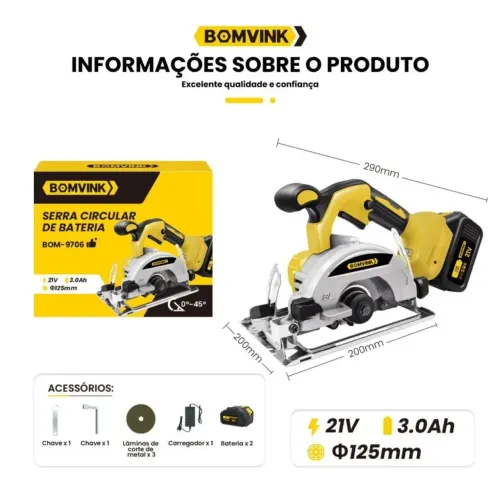 Serra circular BOMDER Professional BOM-9706 kit 3<br>laminas 4 angulos ajustaveis bateria 21v