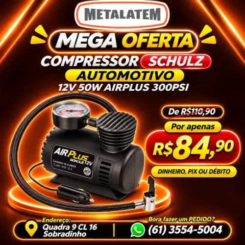 COMPRESSOR DE AR AUTOMOTIVO SCHULZ AIR PLUS 12V 50W 300 PSI PORTÁTIL