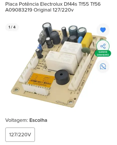 Placa Pontência Eletrolux DF44s TF55 TF56<br>A09083220 Original 127/220V.