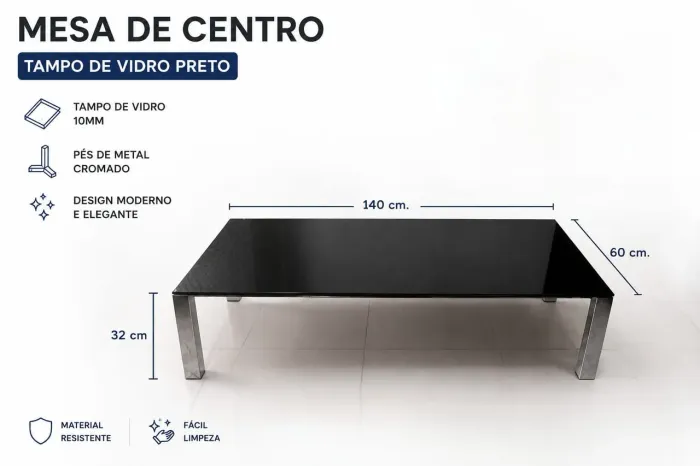 Mesa de centro cromada de vidro