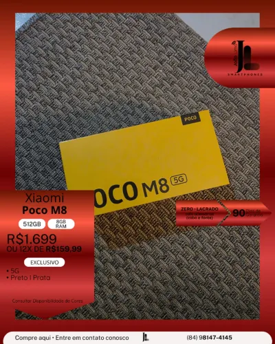 POCO M8, 5G, 512GB, 8GB RAM, LACRADO(CABO E FONTE), LANÇAMENTO!
