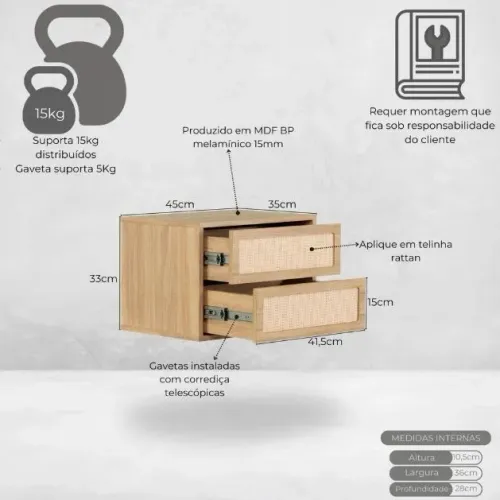 Mesa de Cabeceira Suspensa Har 2 Gavetas - 45 cm x 35 cm Tauari - Telinha Rattan