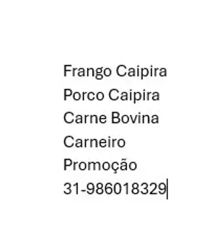 Carne de Porco Caipira, Frango Caipira e de vaca