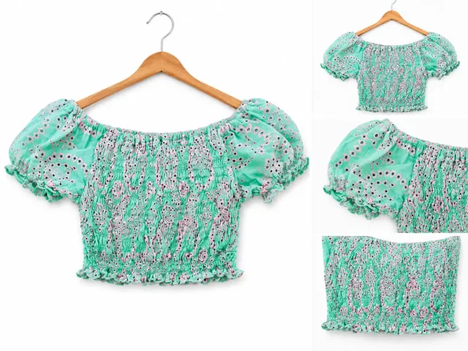 Cropped Ciganinha Verde Água com Lastex e Estampa Floral
