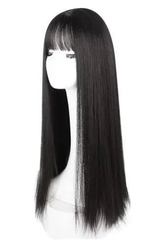 Peruca Longa com Franja Castanho Escuro + 2 Wig Caps